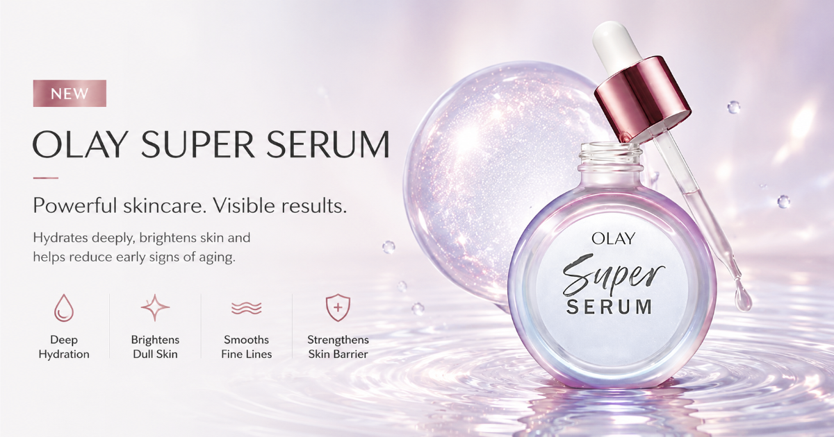 Olay Super Serum review showing the serum bottle and skincare packaging
