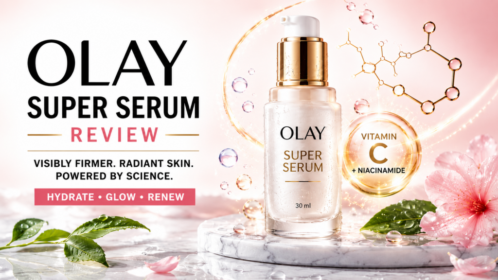 Olay Super Serum Review featuring Vitamin C and Niacinamide serum bottle for hydrated, glowing, and radiant skin