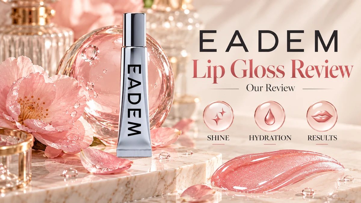 "EADEM Lip Gloss tube next to a smooth swatch of the product, showing its rich tint, hydrating texture, and high-shine finish."