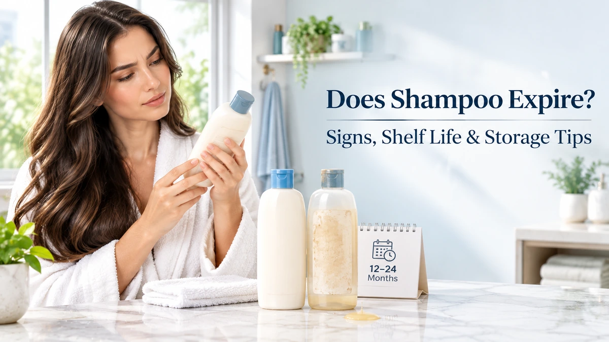 Does shampoo expire – shampoo bottle and hair care products on a bathroom shelf.