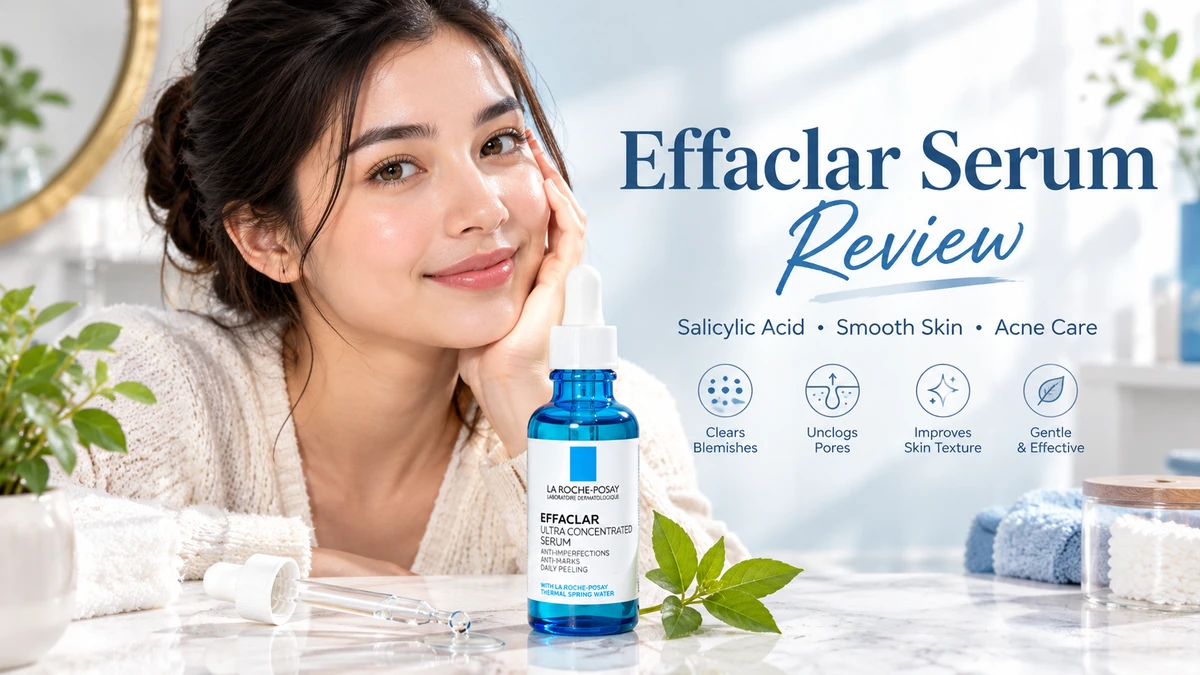 Applying La Roche-Posay Effaclar serum dropper on face for targeting adult acne and persistent marks
